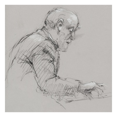 Charcoal and pastel profile drawing of an older man in suit playing piano