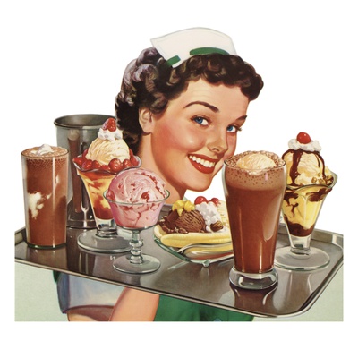Menu Illustration of Waitress Carrying Ice Cream Desserts