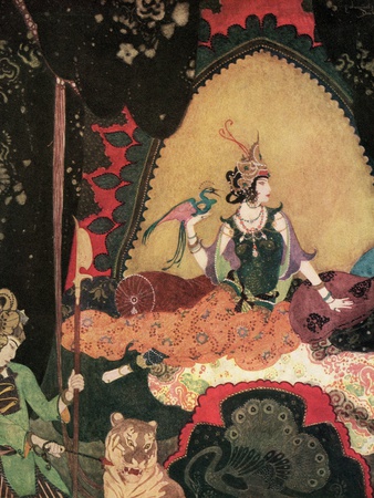 Illustration of Layla holding a bird by Edmund Dulac