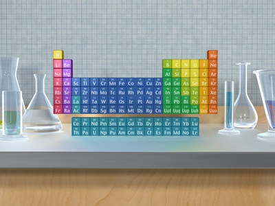 Periodic table of the elements with glassware Posters
