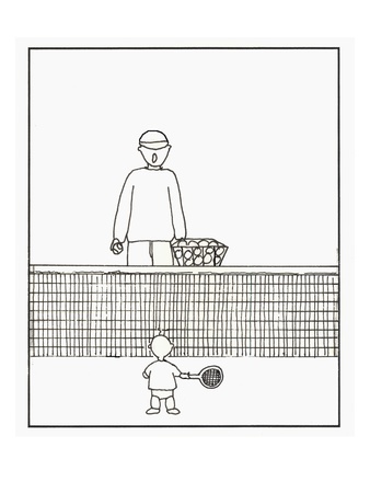 Father Teaching Toddler Son To Play Tennis