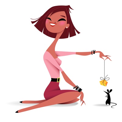 Woman dangling cheese in front of a mouse