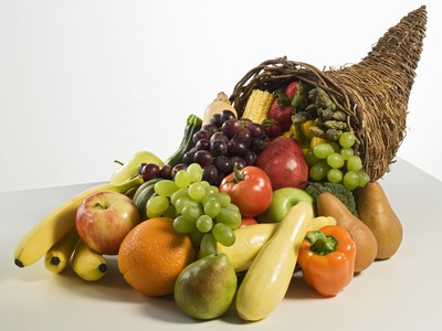 Fruits and vegetables in cornucopia basket