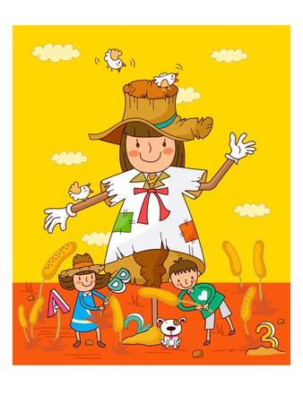 Boy and a girl standing near a scarecrow in a field