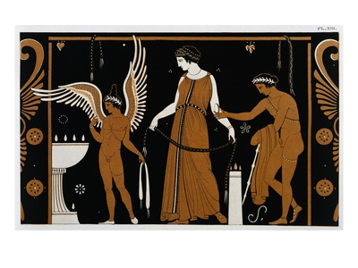 19th Century Greek Vase Illustration of Eros Before an Altar with a Woman