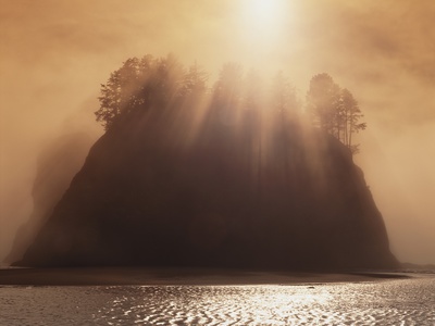 Buy Sun Beams Breaking through Fog over Sea Stack at AllPosters.com