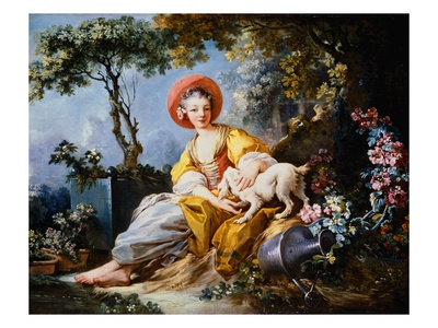 A Young Woman Seated with a Dog and a Watering Can in a Garden