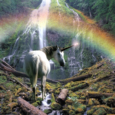 Unicorn Walking Towards Waterfall