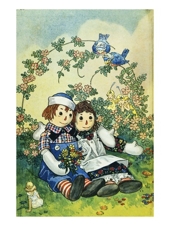 Illustration of Raggedy Ann and Raggedy Andy with Two Robins by Johnny Gruelle