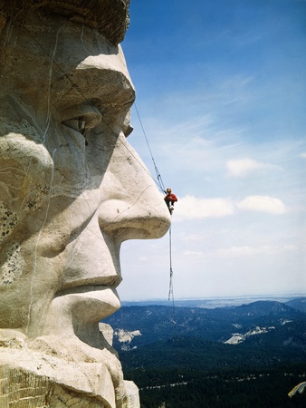 Mount Rushmore Repairman Working on Lincoln