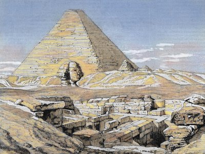 Pyramids and Sphinx, Egypt. Colored Engraving, 1879
