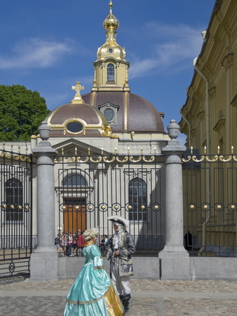 Two People in Period Dress By the Cathedral, Peter and Paul Fortress, St. Petersburg, Russia