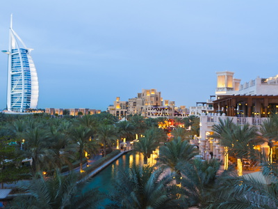 Burj Al Arab and Madinat Jumeirah Hotels at Dusk, Dubai, United Arab Emirates, Middle East