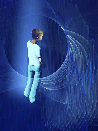 A child dressed in white shirt and blue jeans against a deep blue background with sound waves surrounding him