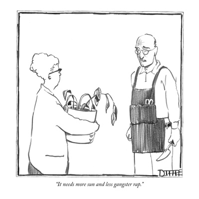 Woman holding a plant in poor condition talks to a balding man with glasses holding a gardening tool and wearing an apron. The man says, It needs more sun and less gangster rap