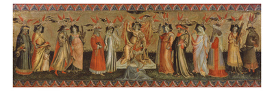 People in medieval costume representing Ptolemy, Cicero, Aristotle, Euclid, Pythagoras and Tubalcain, with women representing Philosophy, Grammar, Rhetoric, Music, Arithmetic, Geometry and Astronomy