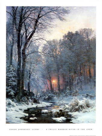 Twilit Wooded River in the Snow