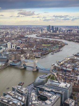 UK, England, London, View of London from the Shard, Looking Over Tower Bridge To Canary Wharf