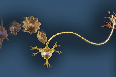 neuron with dendrites and neurotransmitters in gold tones on a blue background, drawn to resemble a necklace