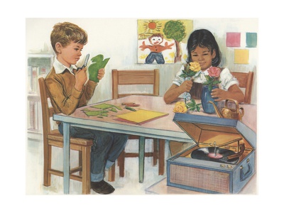 drawing of boy and girl sitting at table in schoolroom; working on a project, with record player going. Boy is cutting out a dinosaur and girl is putting flowers in a vase