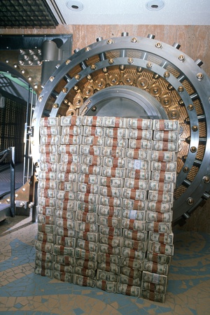 Bank vault with pallet of currency piled high