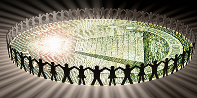 Cutout people holding hands in a circle around the Great Seal on a U.S. dollar bill; the eye in the pyramid casts long shadows