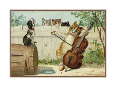 Outdoors scene, cat plays violoncello while three other cats look on from behind a fence. A howling dog sits on a barrel turned sideways.
