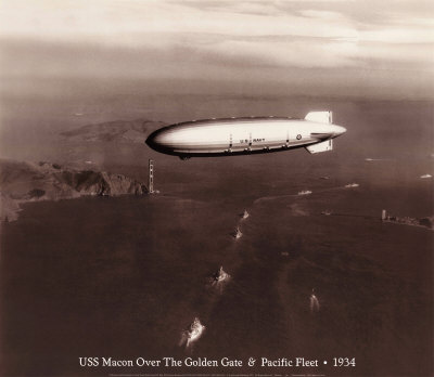 USS Macon over the Golden Gate and Pacific Fleet, 1934
