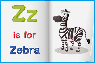 book - left-hand page shows light green capital and small letter Z, red " is for " blue zebra, right-hand page shows picture of zebra