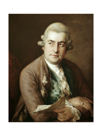 Johann Christian Bach in powdered wig, looking right and holding music in left hand; arms crossed, brown jacket with green vest
