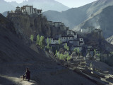 A Woman Leads Her Sheep Past Lamayuru Gompa and its Hilltop Village