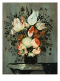 Tulips, Roses, Turk Caps, and Other Flowers in a Glass on a Table