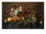 Grapes, Plums and Other Fruits and Nuts in a Wicker Basket with Vegetables on a Draped Table
