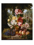 A Vase of Summer Flowers and Fruit on a Ledge in a Landscape
