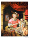 Young Woman Holding a Doll in an Interior with a Maid Sweeping Behind