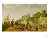 Fisherman Unloading and Selling Their Catch on a Rocky Shoreline