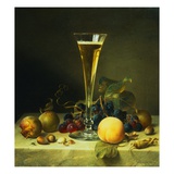 Painting of a Glass of Champagne, a Peach, Plums and a Bunch of Grapes on a Marble Ledge by Johann 