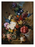 Poppies, Peonies and Other Assorted Flowers in a Terracotta Vase on a Stone Plinth with a Bird's Ne