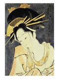 The Courtesan Kashiku of the Tsuruya Holding in Her Teeth an End of Cloth Draped Around Her Bare Sh