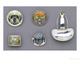Four Glasgow Style White Metal Brooches and a White Metal Caddy Spoon Giclee Print
