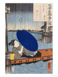 Buy A Young Woman with a Blue Open Umbrella in a Boat Between Wooden Supports at AllPosters.com