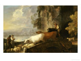 Buy A River Landscape with Rustic Lovers, a Mounted Herdsman Driving Cattle and Sheep Over a Bridge at AllPosters.com