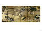 A Six-Panel Screen Painted in Sumi with Scattered Fans