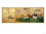 A Six Panel Screen Painted in Sumi, Colour and Gofun on Gold-Sprinkled Paper