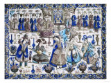 A Large Qajar Rectangular Tile, Two Gentlemen Seated in an Interior Flanked by Numerous Attendants