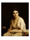 Buy Portrait of a Woman Wearing a Pearl Necklace and Holding a Fan at AllPosters.com