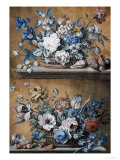 Buy A Basket of Dahlias, Delphiniums, Peony, Primula, Tulips and Other Flowers on a Table at AllPosters.com