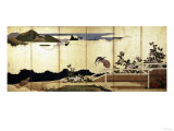 A Six-Panel Screen Painted in Ink a Cockerel Perched on a Fence and a Hen with Chicks