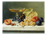 Buy A Glass of Champagne, Grapes Plums and a Peach on a Marble Ledge at AllPosters.com
