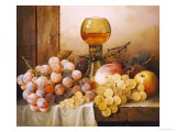 Grapes, Apple, Plums and Peach with Hock Glass on Draped Ledge